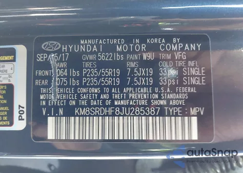 2018 Hyundai Santa Fe Limited Ultimate из США, поврежденный, VIN KM8SRDHF8JU285387